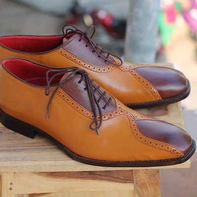 Men's handmade tan brown color leather formal shoes, men's lace up stylish shoes - Thumbnail 4