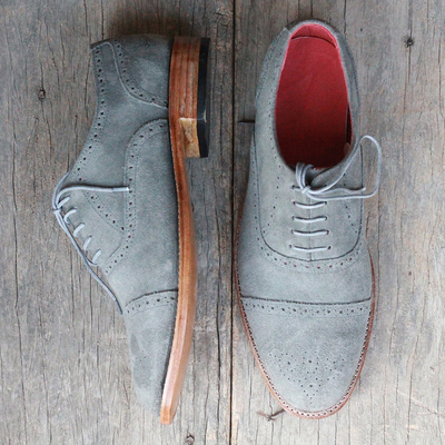 Men's handmade gray color suede formal shoes, men's cap toe lace up shoes - Thumbnail 4