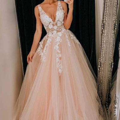 A line tulle v neck long prom dress with lace applique - Thumbnail 4