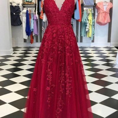 Sexy burgundy lace prom dresses, a line evening dresses - Thumbnail 4