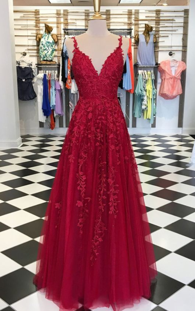 Sexy Burgundy Lace Prom Dresses, A Line Evening Dresses
