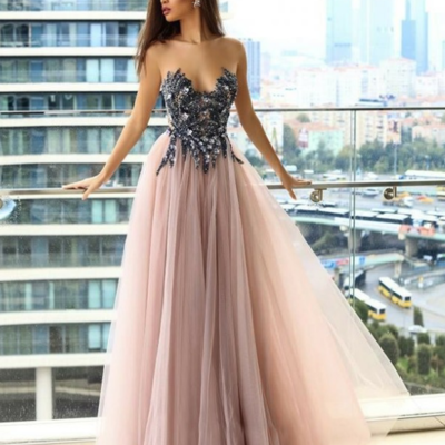 Sexy a line round neck blush tulle prom dress with appliques beading - Thumbnail 5