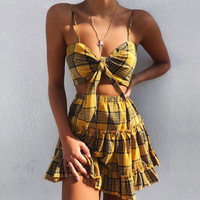 Sexy Plaid Vest Sleeveless Bow Two-piece Set - Thumbnail 1