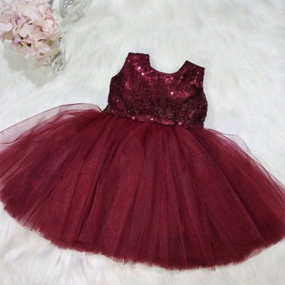 Burgundy tulle flower girl dresses with sequins - Thumbnail 5