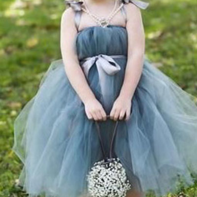 Grey blue tulle flower girl dresses for wedding party - Thumbnail 5