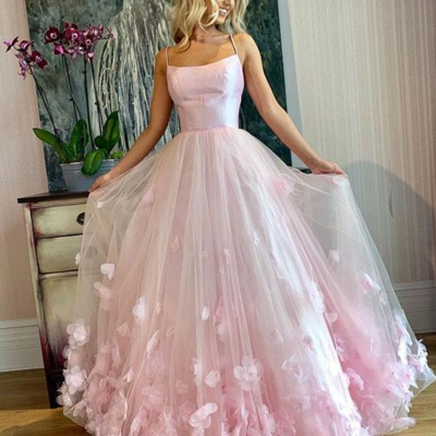 Spaghetti straps light pink a line prom dresses,evening dresses - Thumbnail 4