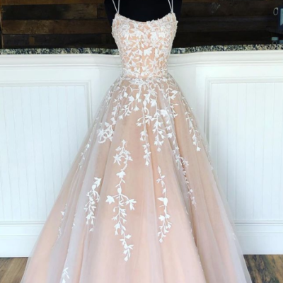 Gorgeous champagne lace appliques tulle long prom dress  - Thumbnail 4
