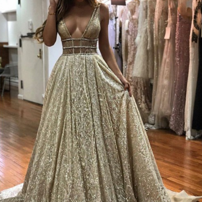 A-line v-neck long backless champagne prom dress with sequins,264 - Thumbnail 4