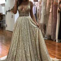 A-Line V-Neck long Backless Champagne Prom Dress with Sequins,264 - Thumbnail 1