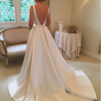 A-Line Bateau Backless Sweep Train White Satin Wedding Dress with Sash,265 - Thumbnail 1