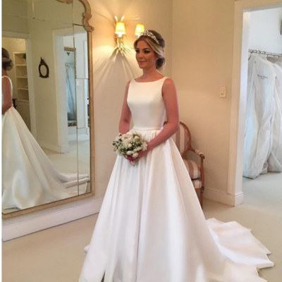 A-line bateau backless sweep train white satin wedding dress with sash,265 - Thumbnail 5