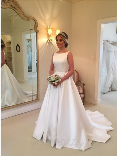 A-Line Bateau Backless Sweep Train White Satin Wedding Dress with Sash,265