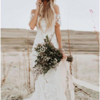 Mermaid Round Neck Short Sleeves Lace Beach Wedding Dress,266 - Thumbnail 1