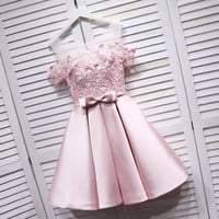 Pink satin lace short prom dress  - Thumbnail 1