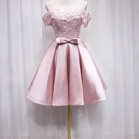 Pink satin lace short prom dress  - Thumbnail 2