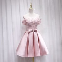 Pink satin lace short prom dress  - Thumbnail 3