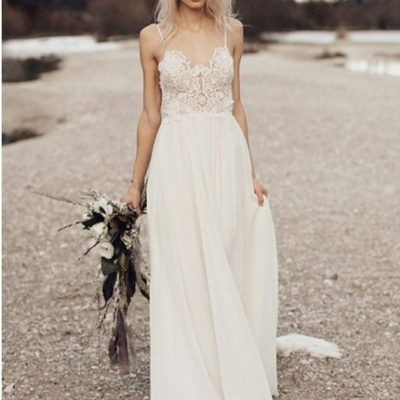 A-line spaghetti straps long chiffon wedding dress with lace,267 - Thumbnail 5