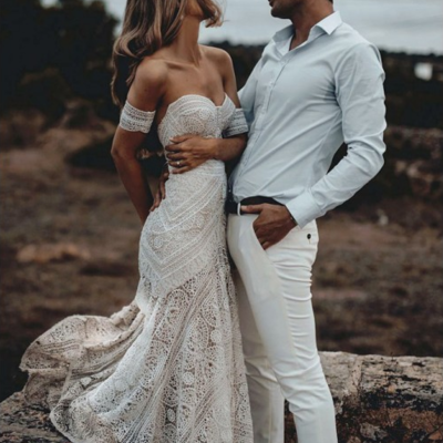 Mermaid sweetheart sweep train ivory lace boho wedding dress,268 - Thumbnail 5