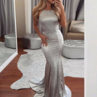 Mermaid Crew Backless Sweep Train Silver Prom Dress with Sequins,269 - Thumbnail 1
