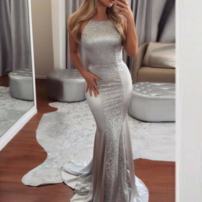Mermaid crew backless sweep train silver prom dress with sequins,269