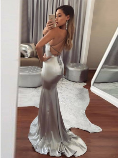 Mermaid Crew Backless Sweep Train Silver Prom Dress with Sequins,269