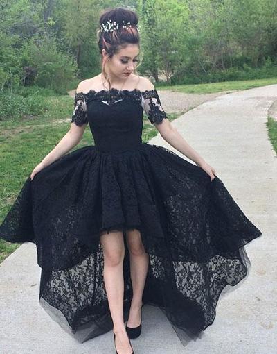 Black Lace Prom Dress High Low Gown with Short Sleeves,270