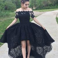 Black Lace Prom Dress High Low Gown with Short Sleeves,270 - Thumbnail 1