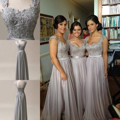 Silver grey chiffon corset long bridesmaids dress, wedding, bridal ball gown, formal prom dress,272 - Thumbnail 3