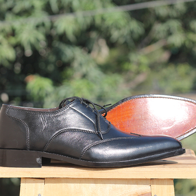 Men's handmade black color leather formal shoes, men's wing tip lace up shoes - Thumbnail 3