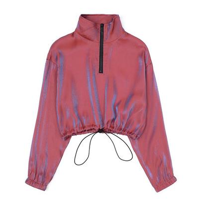 Metallic Hologram Reflective Zip up Drawstring Sweatshirt
