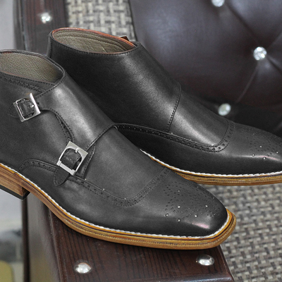 Handmade men's black ankle double monk boot, men's brogue buckle leather boot - Thumbnail 3