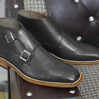 Handmade Men's Black Ankle Double Monk Boot, Men's Brogue Buckle Leather Boot - Thumbnail 1