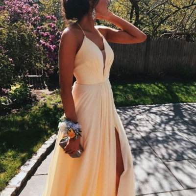 Simple sheer neck chiffon yellow prom/evening dress with slit - Thumbnail 5