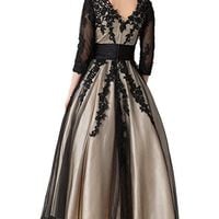 Champagne And Black Tea Length Prom Evening Gowns, Long Sleeves Lace Applique V Neck Prom Dress，283 - Thumbnail 1