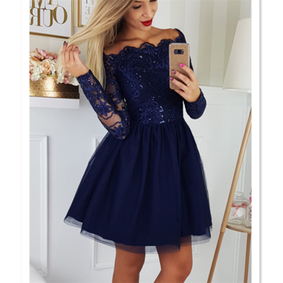 A-line off-the-shoulder long sleeves royal blue homecoming dress,290 - Thumbnail 4