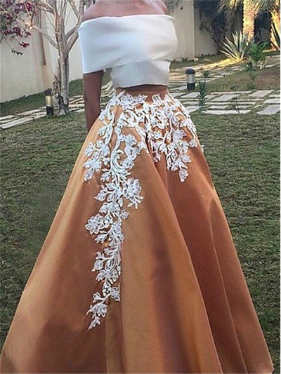 Vintage Off the Shoulder Appliques Two Piece Prom Dress,293