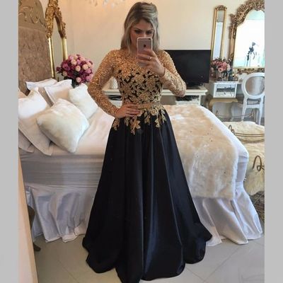 Back Long Party Dresses, Long Sleeve Black Prom Dresses With Gold Sequins, A Line Black Satin Pageant Prom Dresses,296