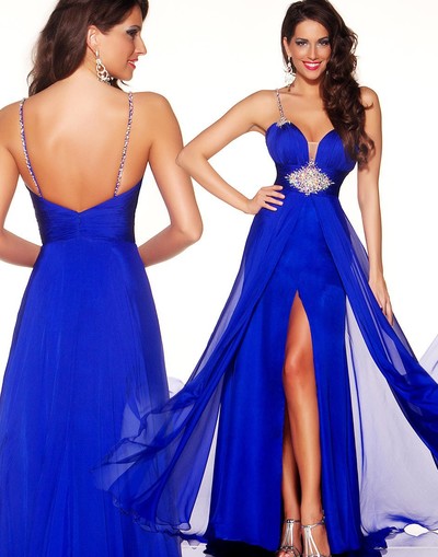 Elegant Royal Blue Evening Dresses Chiffon Beaded Split A Line Long Spaghetti Strap Backless Evening Dress Prom Party Gown,300