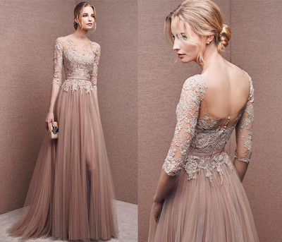 High Quality 3/4 Sleeves lace top Formal Evening Dresses Long Prom Gown Tulle Prom Dresses,301