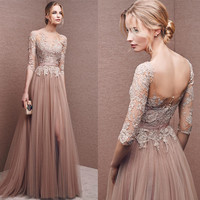 High Quality 3/4 Sleeves lace top Formal Evening Dresses Long Prom Gown Tulle Prom Dresses,301 - Thumbnail 1