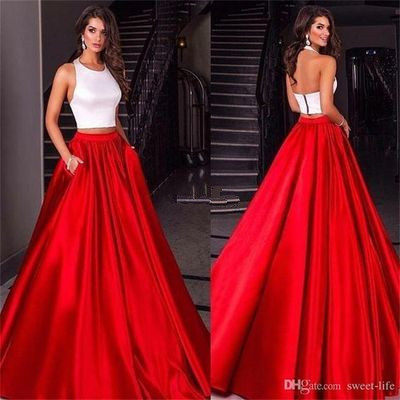 2019 Hot Prom Dress A-line Two Pieces White and Red 2 Pieces Satin Long Prom Dresses Party Dress Cheap,304