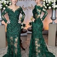 Long Sleeves Lace Mermaid Prom Dresses See Through Evening Gowns,307 - Thumbnail 1
