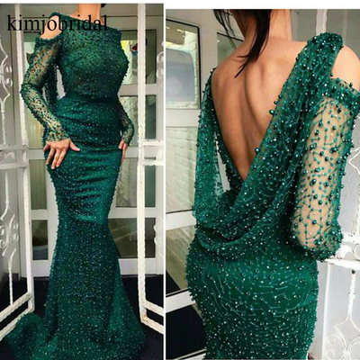 Green prom dresses, pearls evening dresses, mermaid evening gowns, backless evening dresses, beaded evening dresses , green formal dresses,308