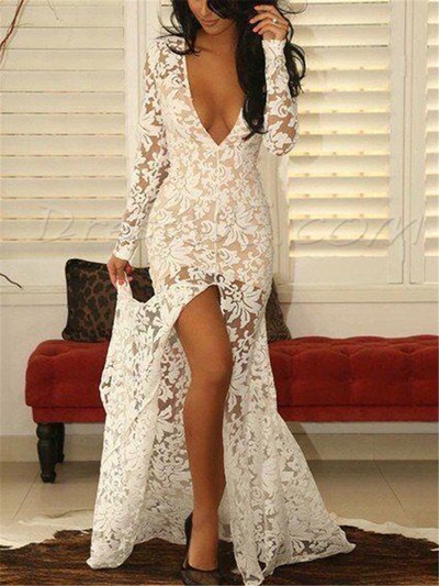 Hot Sale Sexy Long Sleeve Deep V Neck Lace Party Evening Dress,312