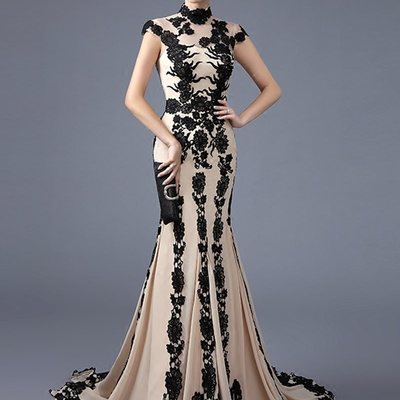 High neck mermaid chinese style hot evening dress with cap sleeve,313 - Thumbnail 4