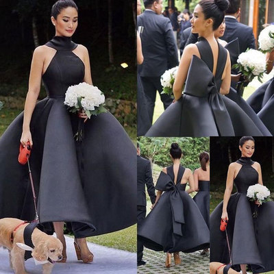 Ankle length black bridesmaid dresses for wedding party - Thumbnail 4