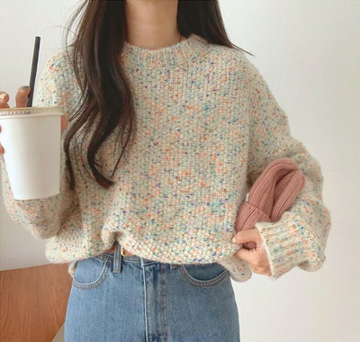 Round Neck Mixed Color Yarn Jumper Sweater