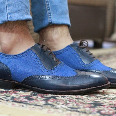 Handmade black & blue wing tip brogue men shoes, dress formal shoes for men's - Thumbnail 3