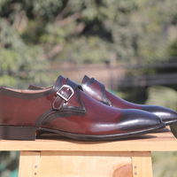 Handmade Men's Burgundy Black Monk Shoes, Men's Leather Shoes - Thumbnail 1