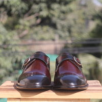 Handmade Men's Burgundy Black Monk Shoes, Men's Leather Shoes - Thumbnail 2